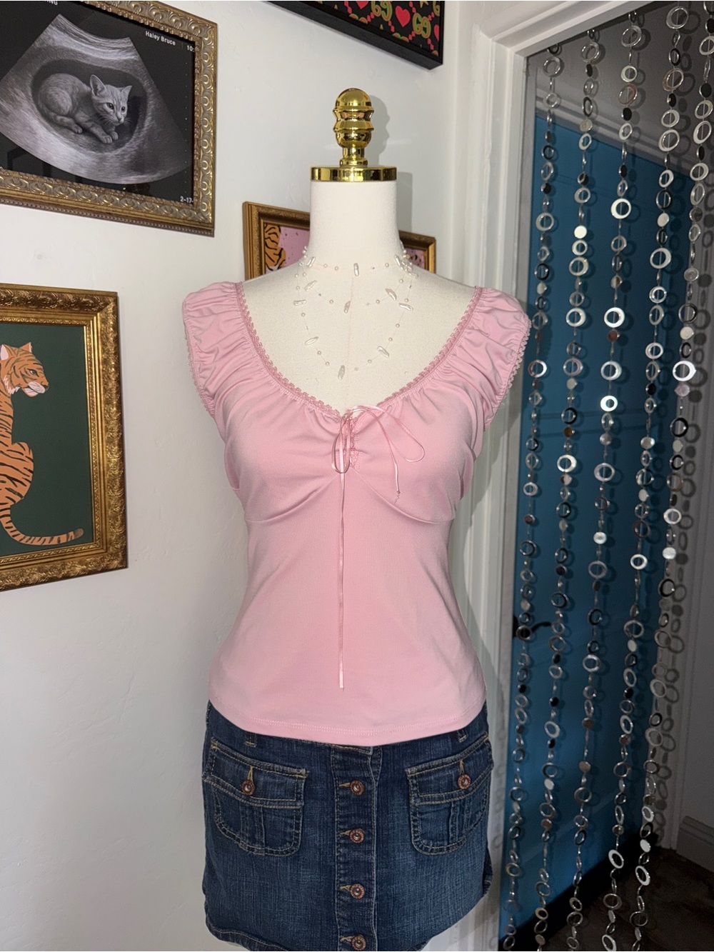 Vintage Y2K Women's Pink Ruched Tie-Front Tank Top